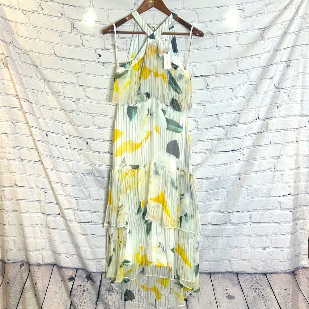 By Anthropologie Cream Yellow Floral Halter Style Ruffle Tier Maxi Dress Size 4